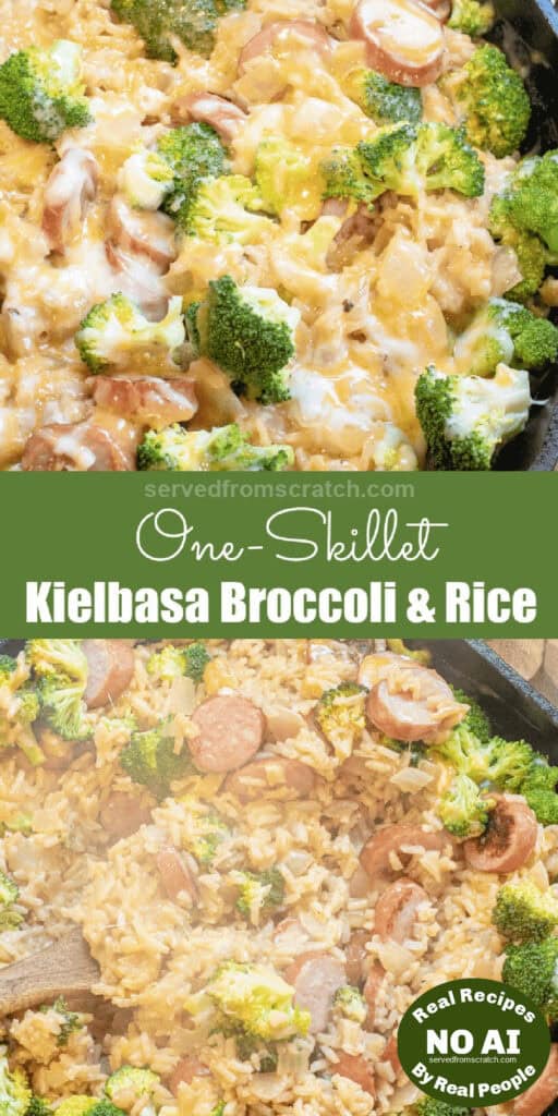 a pan with broccoli cheese, kielbasa, and rice and Pinterest pin text with NO AI sticker.
