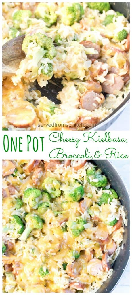 a pan of rice, kielbasa, broccoli, topped with cheese with Pinterest pin text.