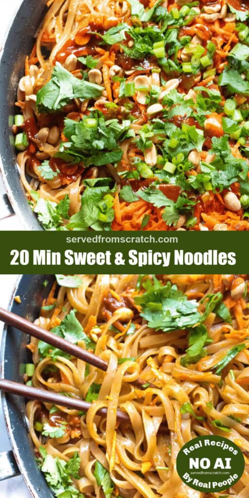 a pan of noodles with peanuts, cilantro, carrots, and sriracha with Pinterest pin text woth NO AI sticker and a picture of the pan with it all mixed up and chopsticks.