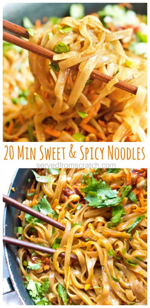 pan of noodles with cilantro and carrots and chopsticks with Pinterest pin text.