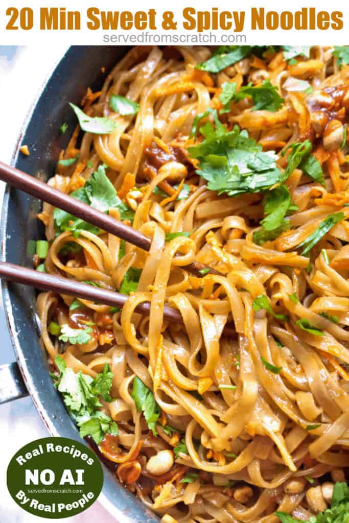 a pan with cooked noodles and cilantro, carrots, peanuts and Pinterest pin text with NO AI sticker.