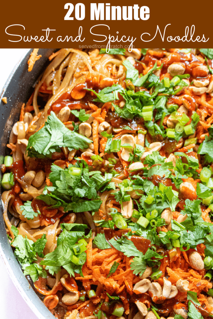 a pan with noodles, carrots, cilantro, and peanuts with Pinterest pin text.