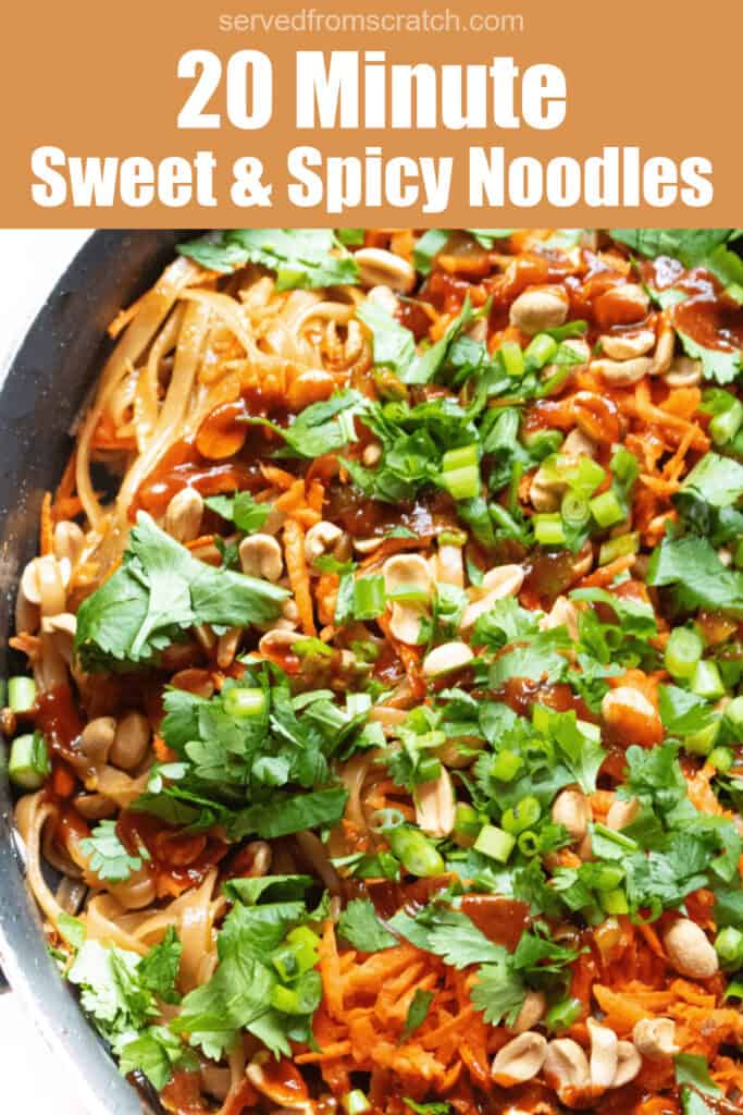 a pan of noodles with peanuts, cilantro, carrots, and sriracha with Pinterest pin text.