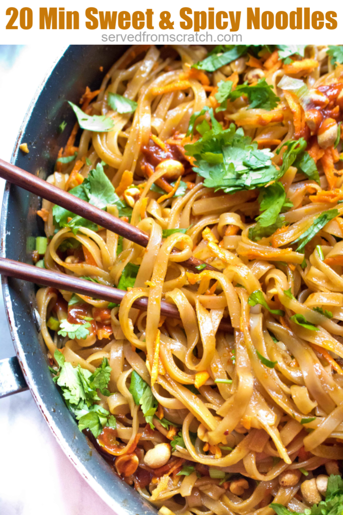 pan of noodles with cilantro and carrots and chopsticks and Pinterest Pin text.