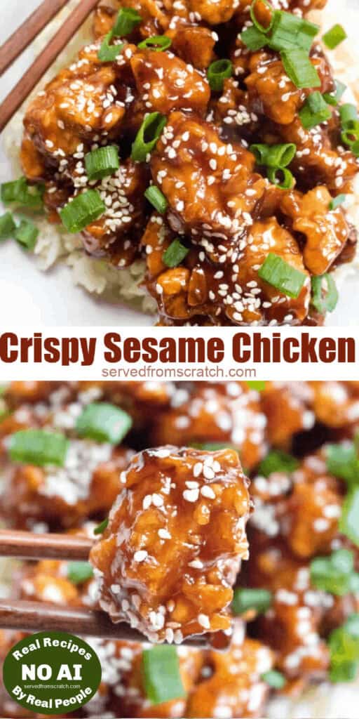 cooked crispy sesame chicken held up by chopsticks and Pinterest pin text with NO AI sticker.