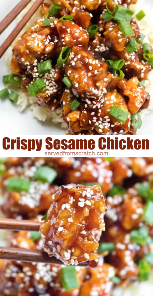 cooked crispy sesame chicken held up by chopsticks and Pinterest pin text.