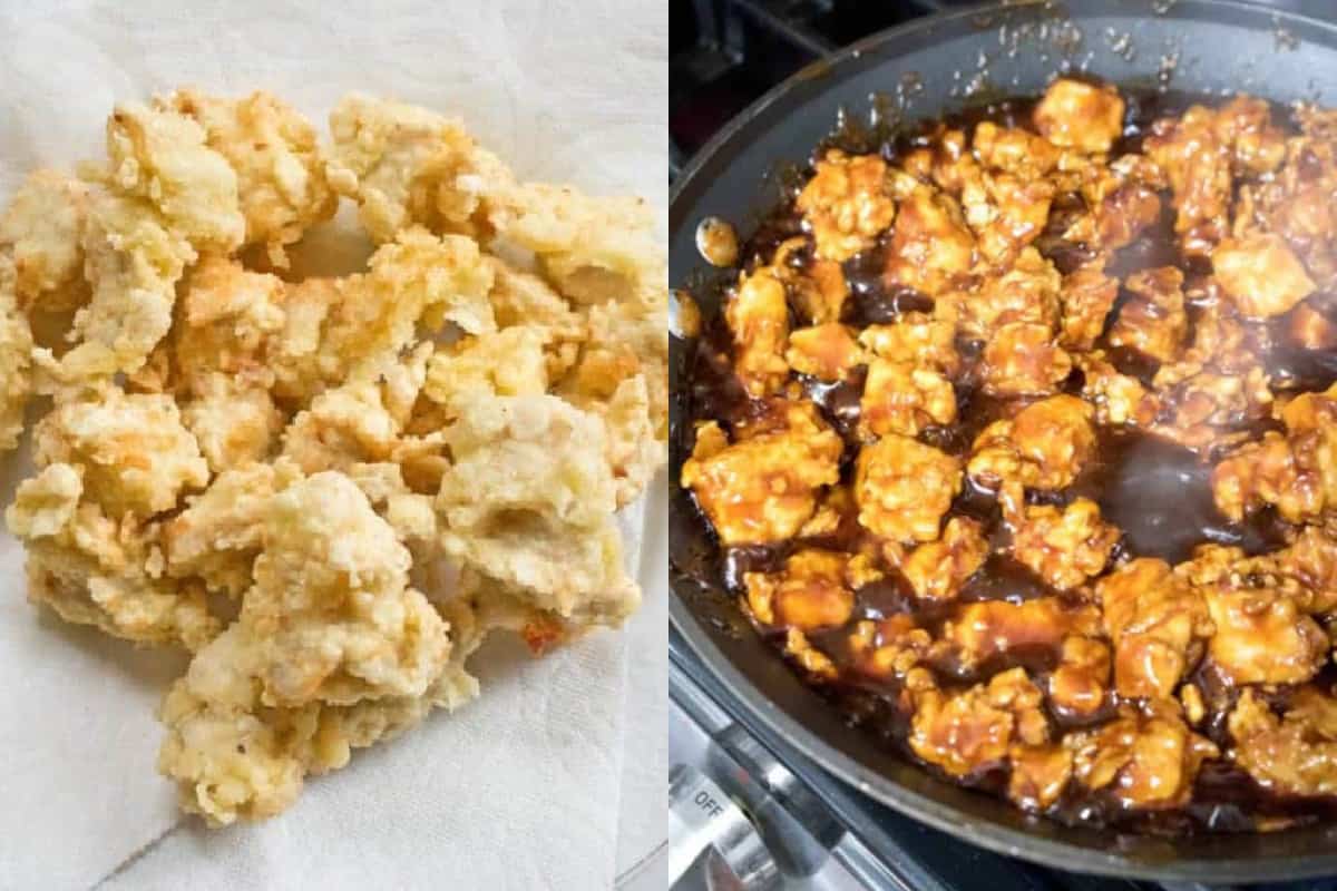 a plate of crispy batter fried chicken on a plate and a pan of crispy fried chicken in sauce.