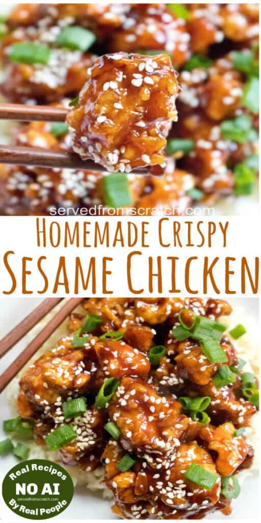 cooked crispy sesame chicken held up by chopsticks and Pinterest pin text with NO AI sticker.
