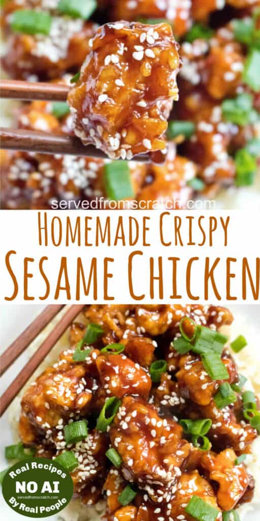 cooked crispy sesame chicken held up by chopsticks and Pinterest pin text with NO AI sticker.