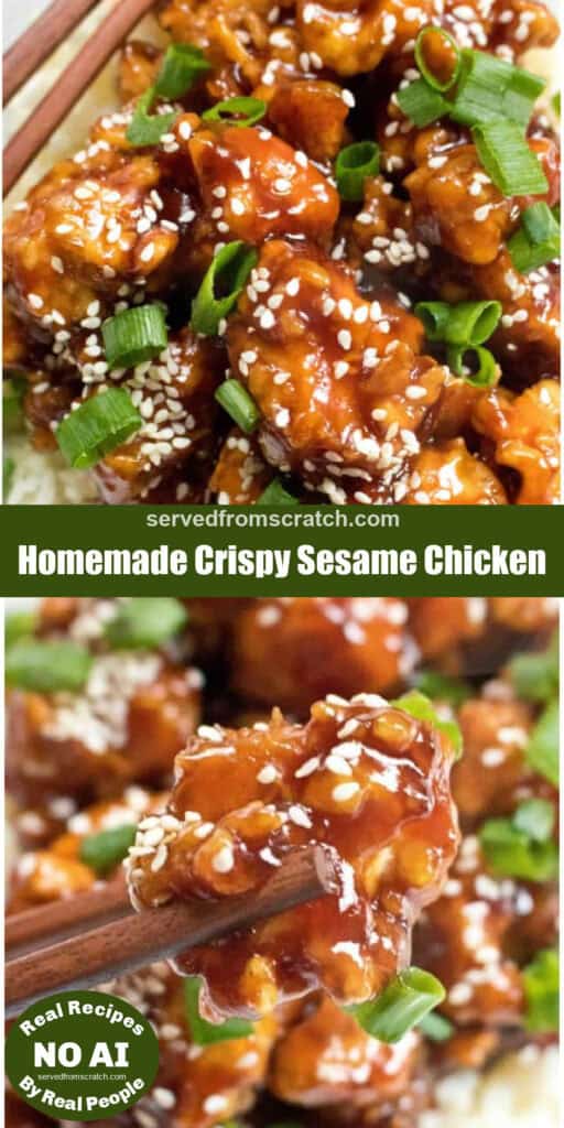 cooked crispy sesame chicken held up by chopsticks and Pinterest pin text with NO AI sticker.