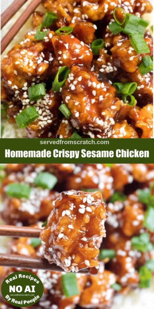 cooked crispy sesame chicken held up by chopsticks and Pinterest pin text with NO AI sticker.