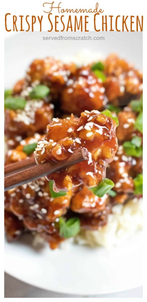 chopsticks holding sesame chicken with Pinterest pin text.