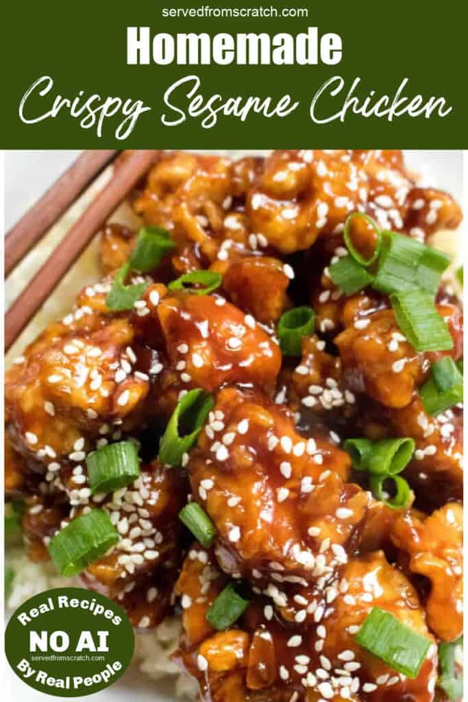 a plate of crispy sesame chicken with Pinterest pin text and NO AI sticker.