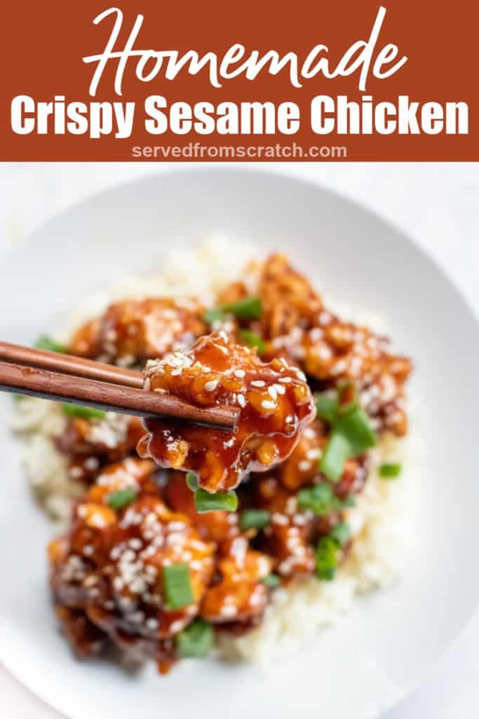 chopsticks holding crispy sesame chicken over a plate with Pinterest pin text.