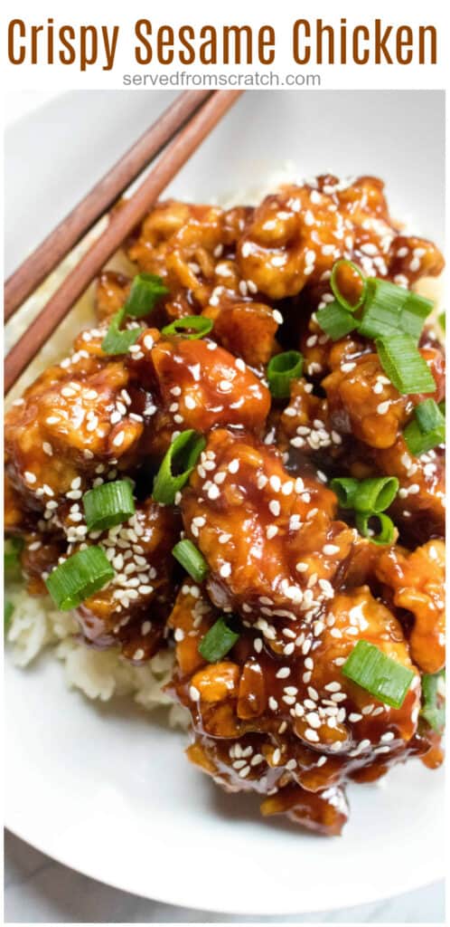 a plate of sesame chicken with chopsticks with Pinterest pin text.