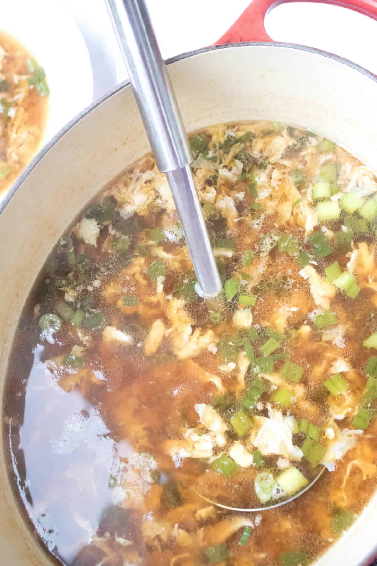 a ladle in a dutch oven with pork soup.