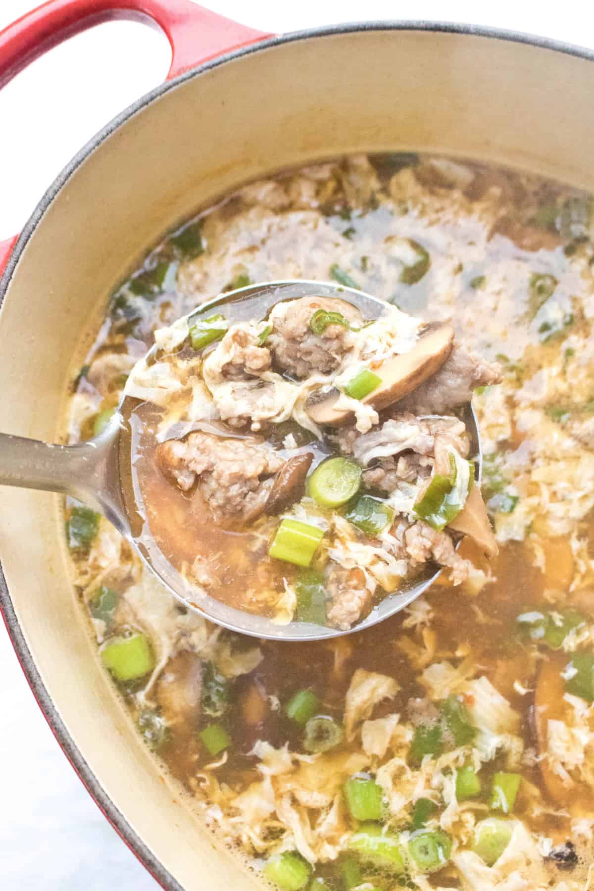 a dutch oven with a ladle of pork and mushroom soup.