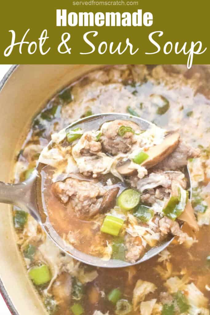 A ladle of pork and mushroom soup with Pinterest pin text.
