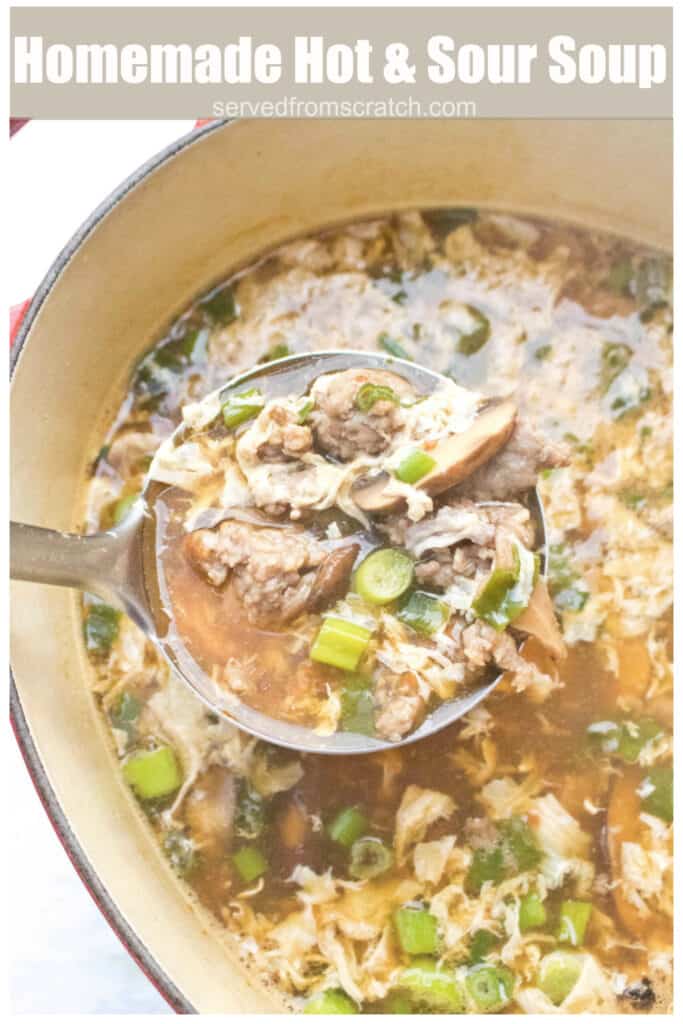 a pot of soup with a ladle of pork mushroom soup with Pinterest Pin text.