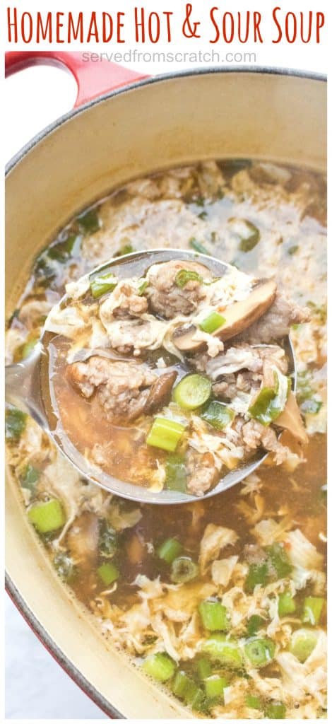 It's both spicy and sour and loaded with pork and mushrooms.  Skip the take-out and make this Homemade Hot and Sour Soup at home! #soup #hotandsour #asian #easy #homemade #recipe #takeout #copycat