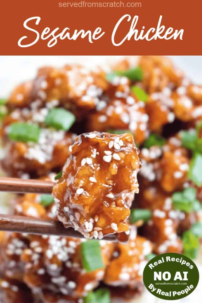 chopsticks holding up a bite of crispy sesame chicken and Pinterest pin text and NO AI sticker.