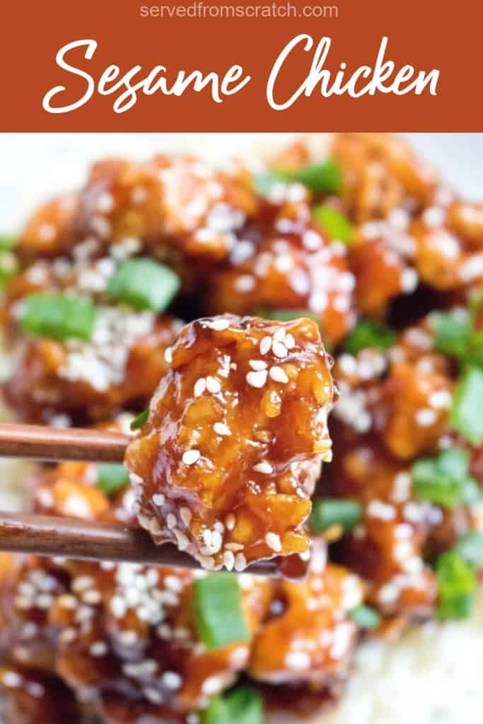 chopsticks holding a piece of sesame chicken over a plate of it with Pinterest pin text.