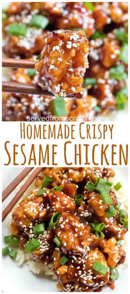 cooked crispy sesame chicken held up by chopsticks and Pinterest pin text.