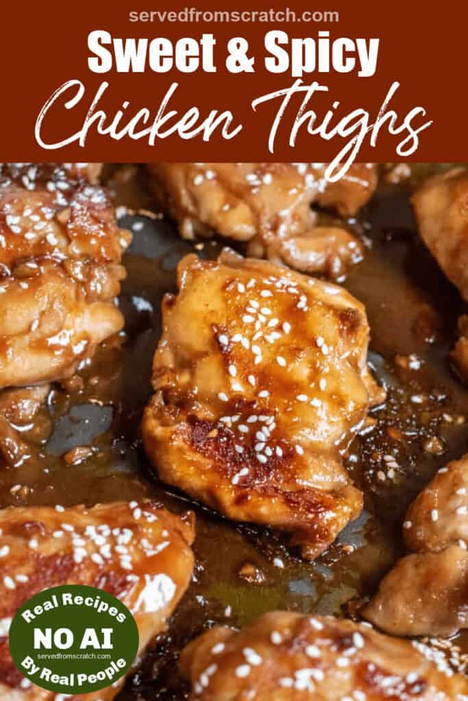 cooked chicken thighs in a glaze and sesame seeds with Pinterest pin text and NO AI sticker.