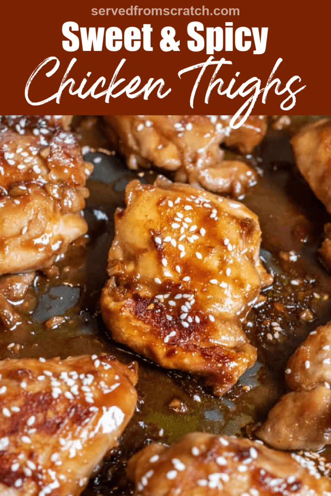 a pan with glazed chicken thighs and sesame seeds with Pinterest pin text.