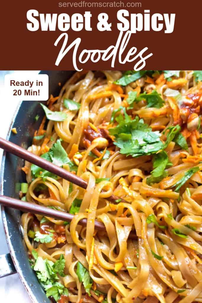 a pan with cooked noodles and cilantro, carrots, peanuts and Pinterest pin text.
