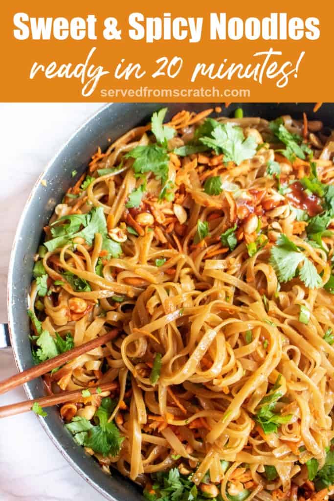 a pan with cooked noodles and cilantro, carrots, peanuts and Pinterest pin text.