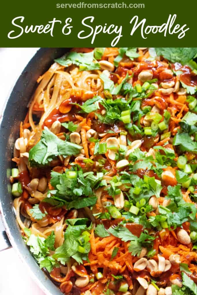 a pan with noodles, carrots, cilantro, and peanuts and Pinterest pin text.