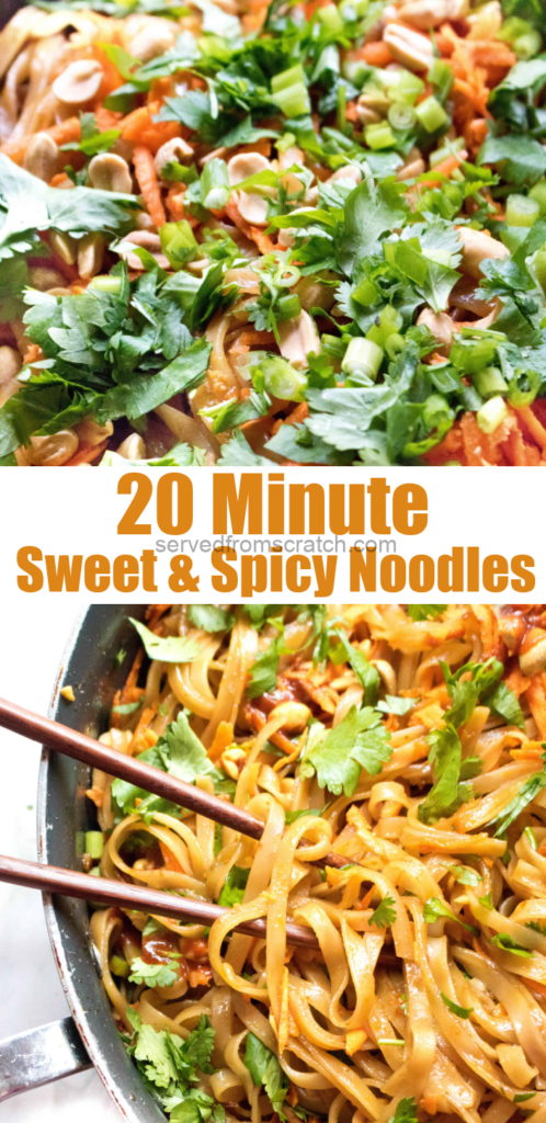 fresh cilantro on carrots and noodles and then a pan of mixed noodles with chopsticks with Pinterest pin text.