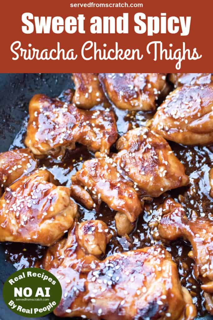 cooked chicken thighs in a glaze and sesame seeds with Pinterest pin text and NO AI sticker.