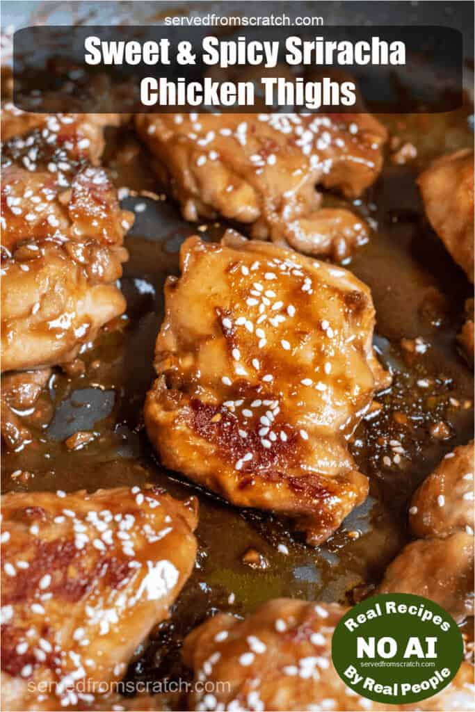 cooked chicken thighs in a glaze and sesame seeds with Pinterest pin text and NO AI sticker.