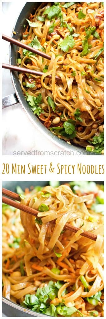 These Sweet and Spicy Noodles are a Thai inspired fast, easy weeknight dinner that can be ready and on the table in just 20 minutes! #thainoodles #asian #recipes #sweetandspicy