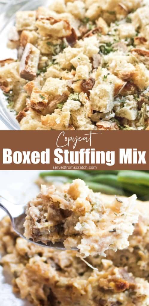 a bowl of stuffing mix and a forkful of it with Pinterest pin text.