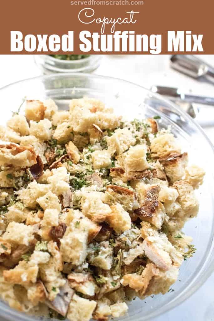 a bowl of dried bread cubes and herbs with Pinterest pin text.