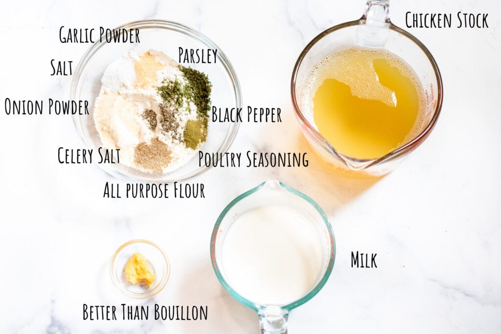 a bowl with flour and herbs and spices labeled and chicken stock, milk, and bouillon.