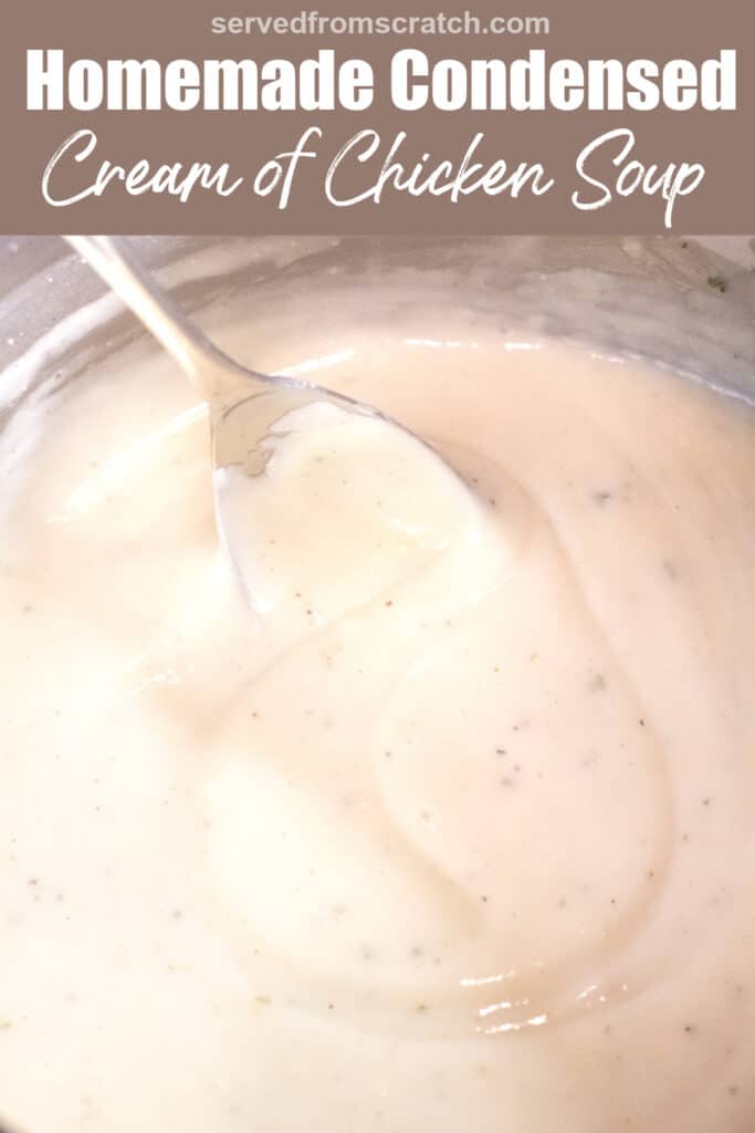 a spoon in a pot of creamy soup with Pinterest pin text.