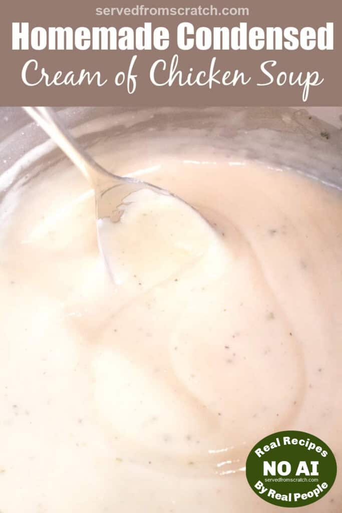 a bowl of creamy soup and a spoon and Pinterest pin text and NO AI sticker.