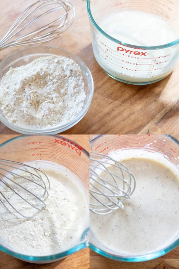 a picture of a bowl of flour and herbs next to a pyrex with milk and whisk an then two pictures below with a whisk and the flour mixture added and whisked until creamy.