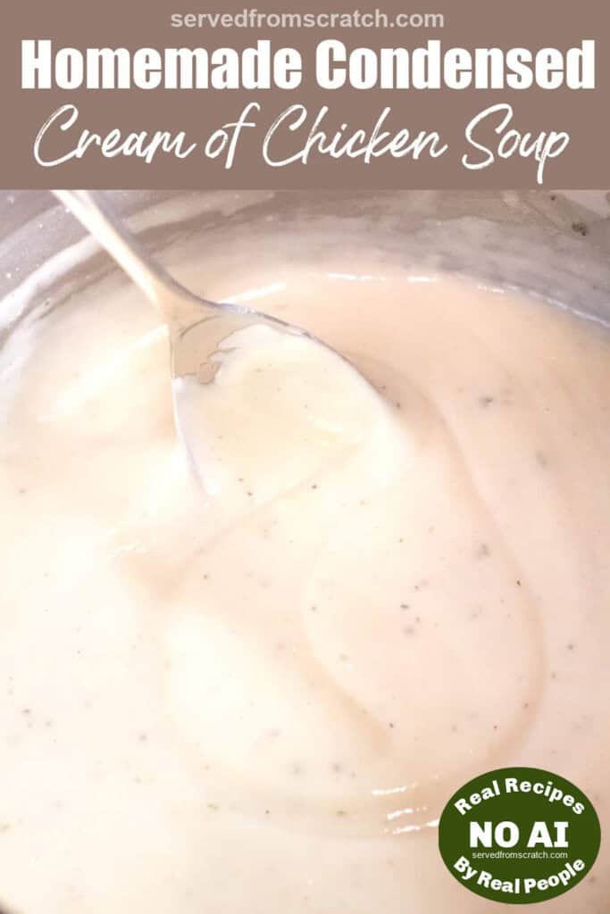 a bowl of creamy soup and a spoon and Pinterest pin text and NO AI sticker.