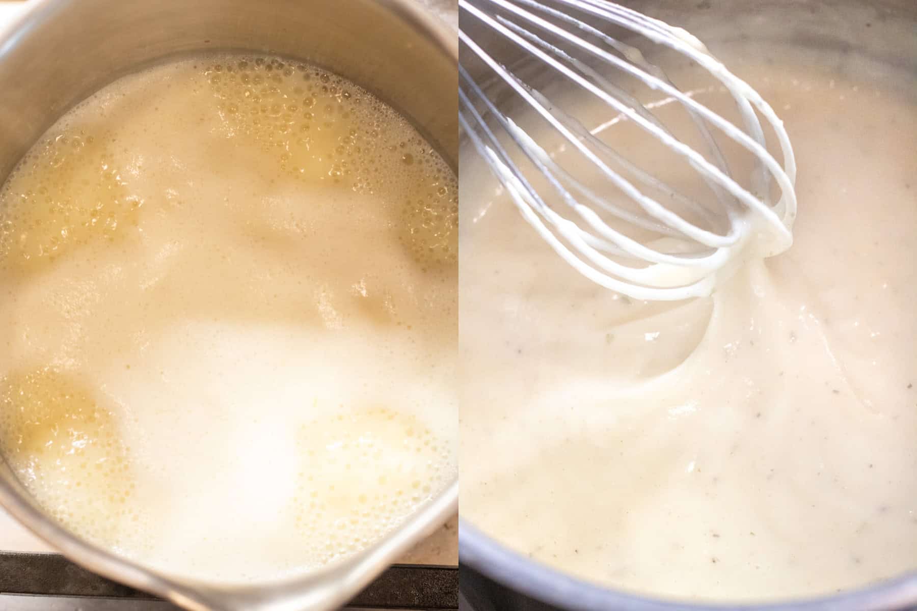 two pots one with boiling milk and stock and then the next with a thick soup and a whisk.