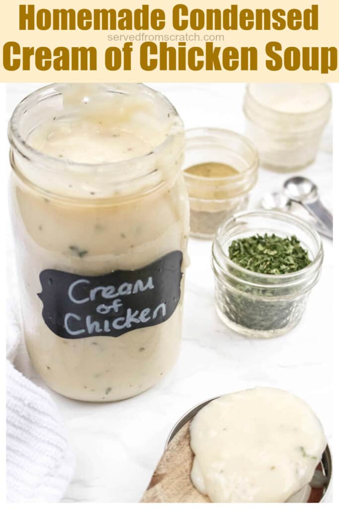 a mason jar of cream of chicken soup with a wooden spoon with Pinterest Pin text.