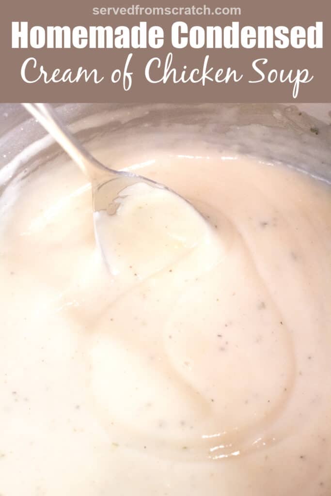 a spoon in a pot of creamy soup with Pinterest pin text.