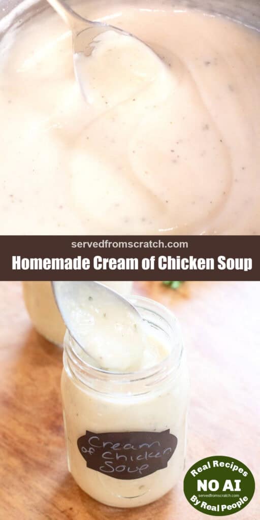a bowl of creamy soup and a spoon and an open mason jar with a spoon of a cream of chicken soup and Pinterest pin text and NO AI sticker.