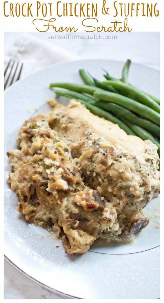 crock pot chicken and stuffing with a fork and green beans