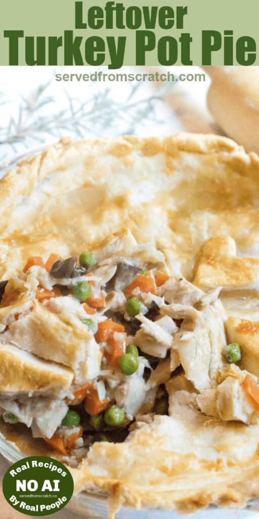 a scoop of turkey pot pie with Pinterest pin text with NO AI sticker.