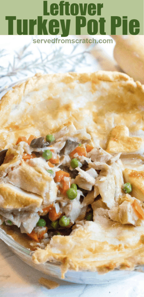 a scoop of turkey pot pie with Pinterest pin text.